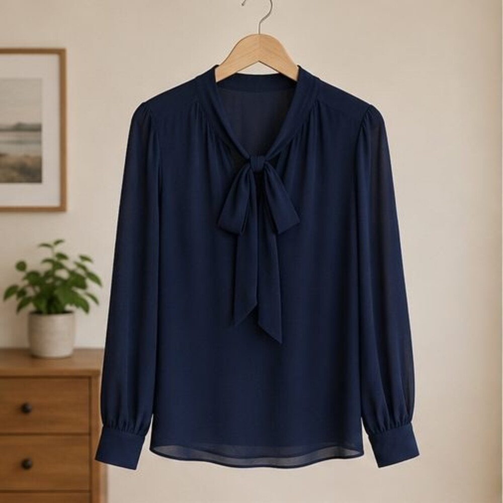 Navy Chiffon Tie Neck Blouse